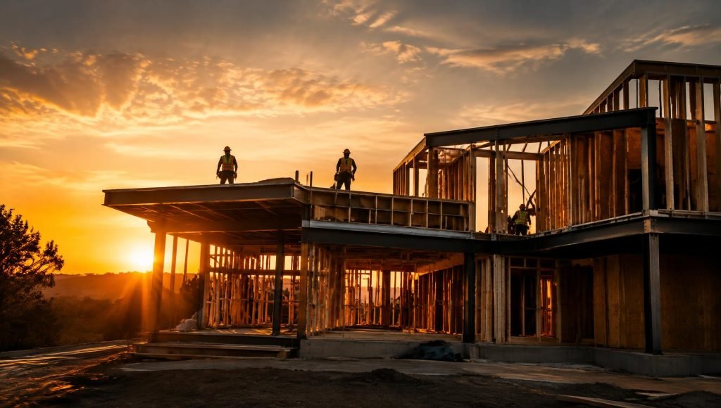 Custom home under construction at sunset